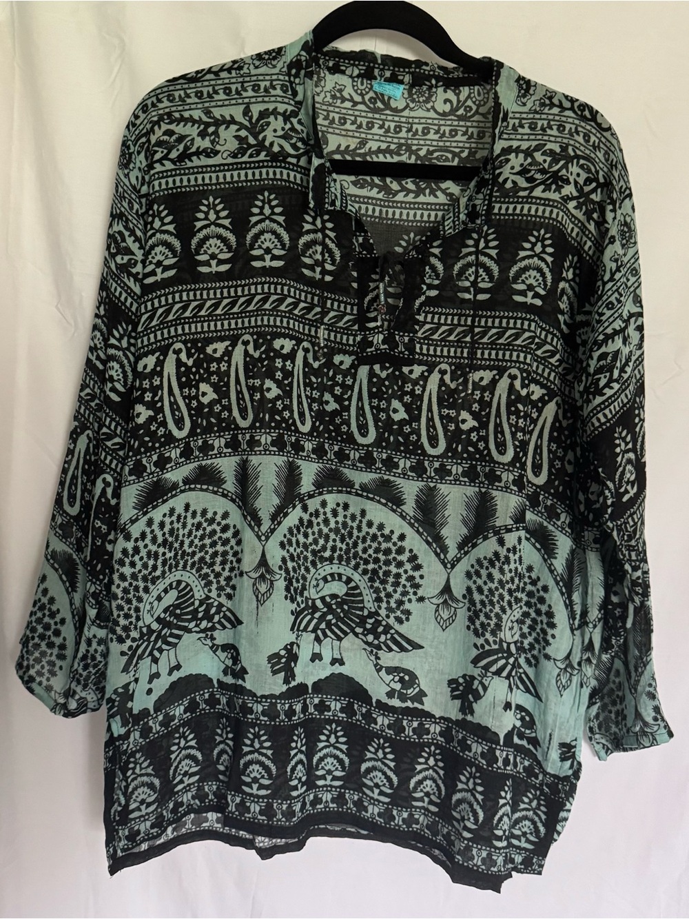 Vintage Boho Peacock & Paisley Print Tunic Blouse Mint & Black Split V-Neck Top
